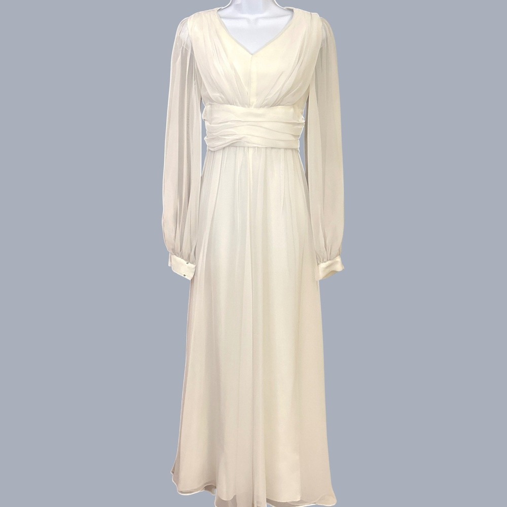Vintage 1970s White Chiffon Maxi Dress ILGWU Boho Bridal Gown Ethereal Flowy